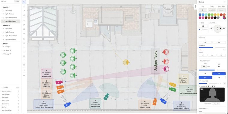 CamPlot Creator camera plot with tagged cameras, lens coverage, shot cards, and the camera panel